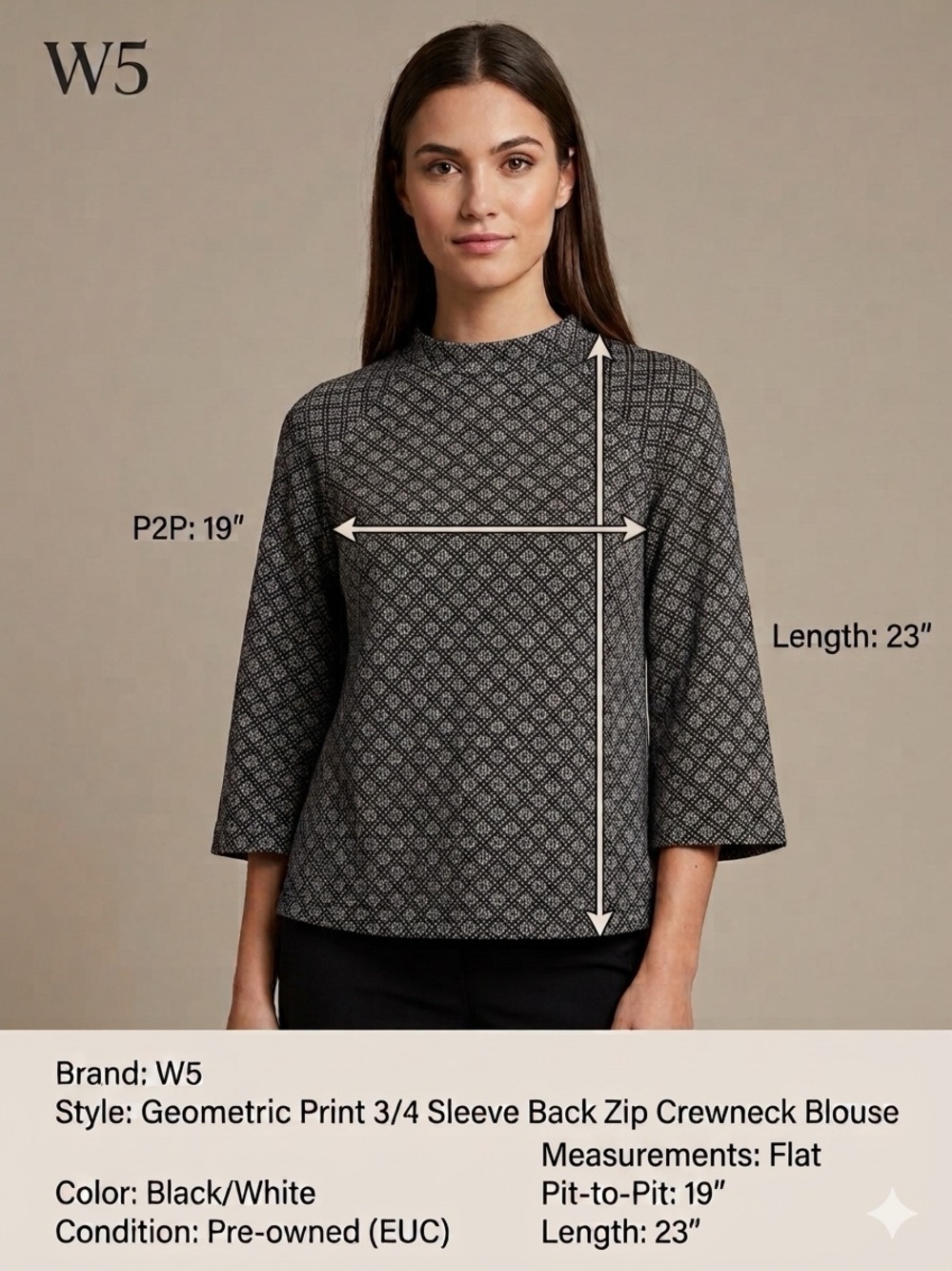 W5 Geometric Print 3/4 Sleeve Back Zip Crewneck Blouse Top Small
